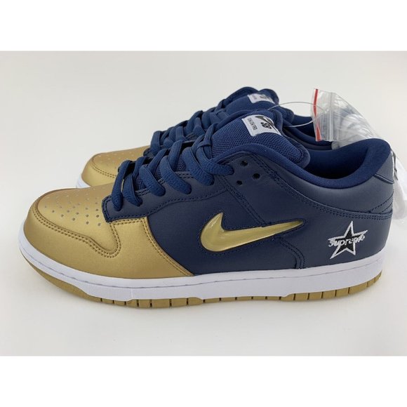 Supreme x Nike SB Dunk Low OG QS Men’s Size 9.5 Navy Gold Jewel - Picture 10 of 12